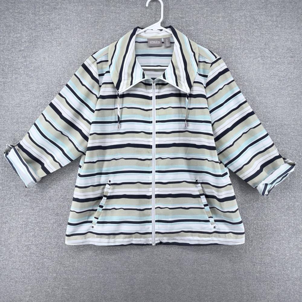 Chicos Lightweight Full Zip Jacket Women Size 2 Multicolor Striped Tan Black